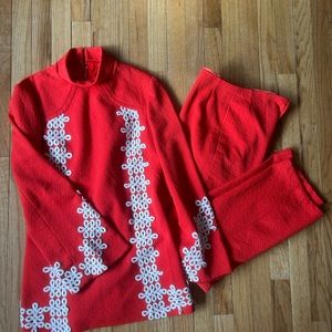 Vintage Poly Red Tunic and Pants Set with White Embroidery